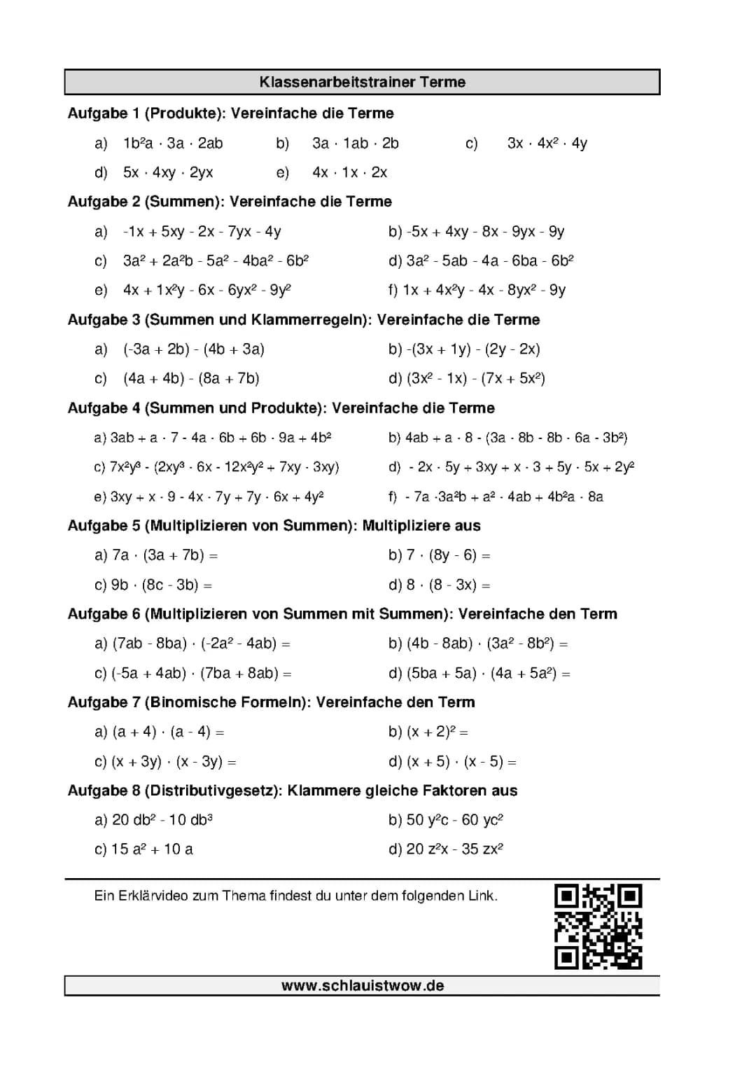 Terme und Binomische Formeln Übungen für Klasse 7 und 8 mit Lösungen PDF