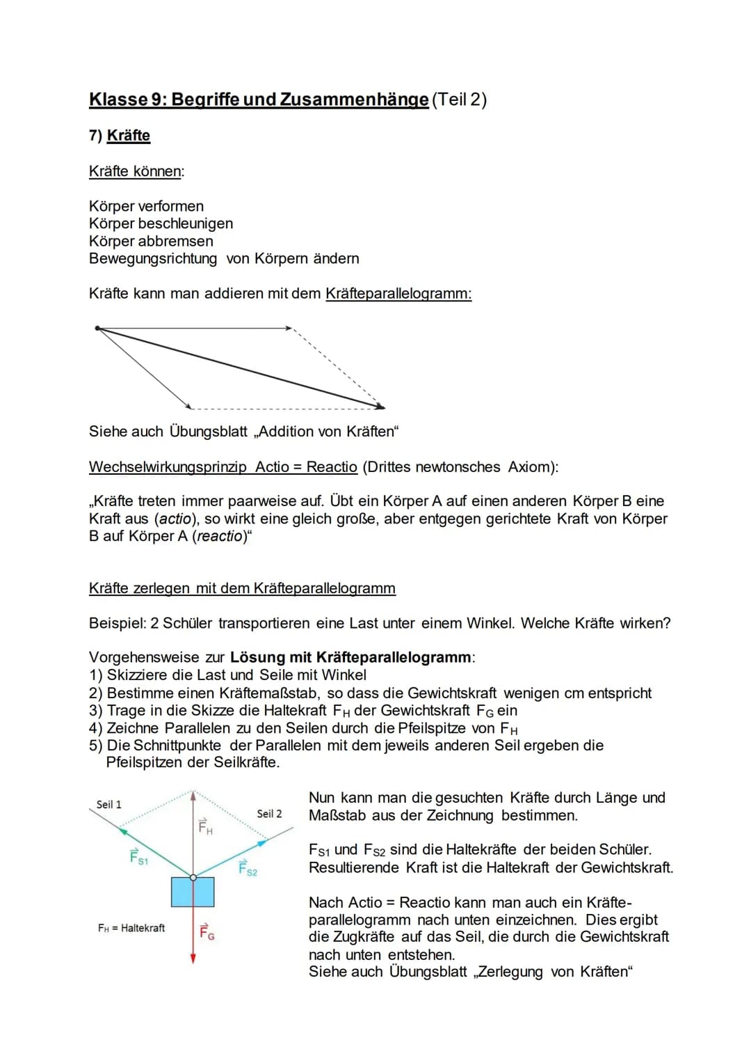 Klasse 9: Begriffe und Zusammenhänge (Teil 2)
7) Kräfte
Kräfte können:
Körper verformen
Körper beschleunigen
Körper abbremsen
Bewegungsricht
