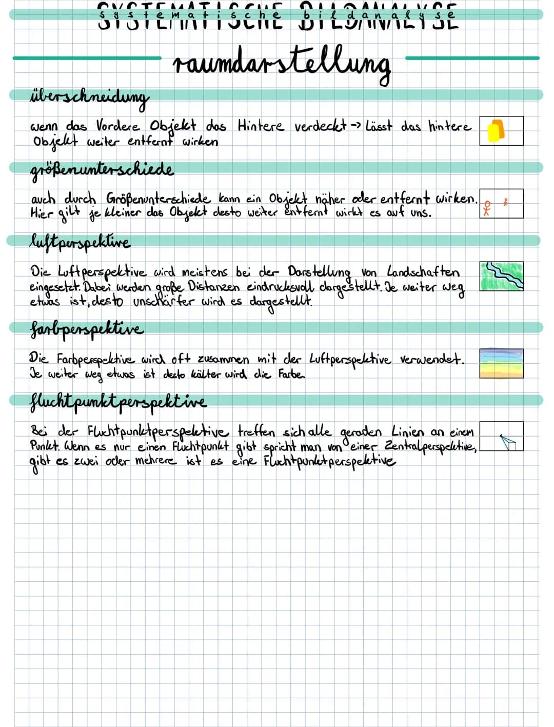 SYSTEMATISENE BILBANALYSE
raumdarstellung
überschneidung
wenn das Vordere Objekt das Hintere verdeckt-> Lässt das hintere
Objekt weiter entf