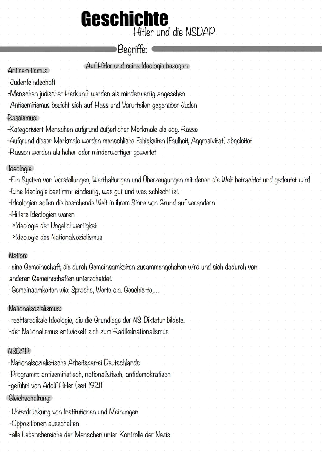 Antisemitismus:
-Judenfeindschaft
Geschichte
Hitler und die NSDAP
Begriffe:
Auf Hitler und seine Ideologie bezogen
-Menschen jüdischer Herku