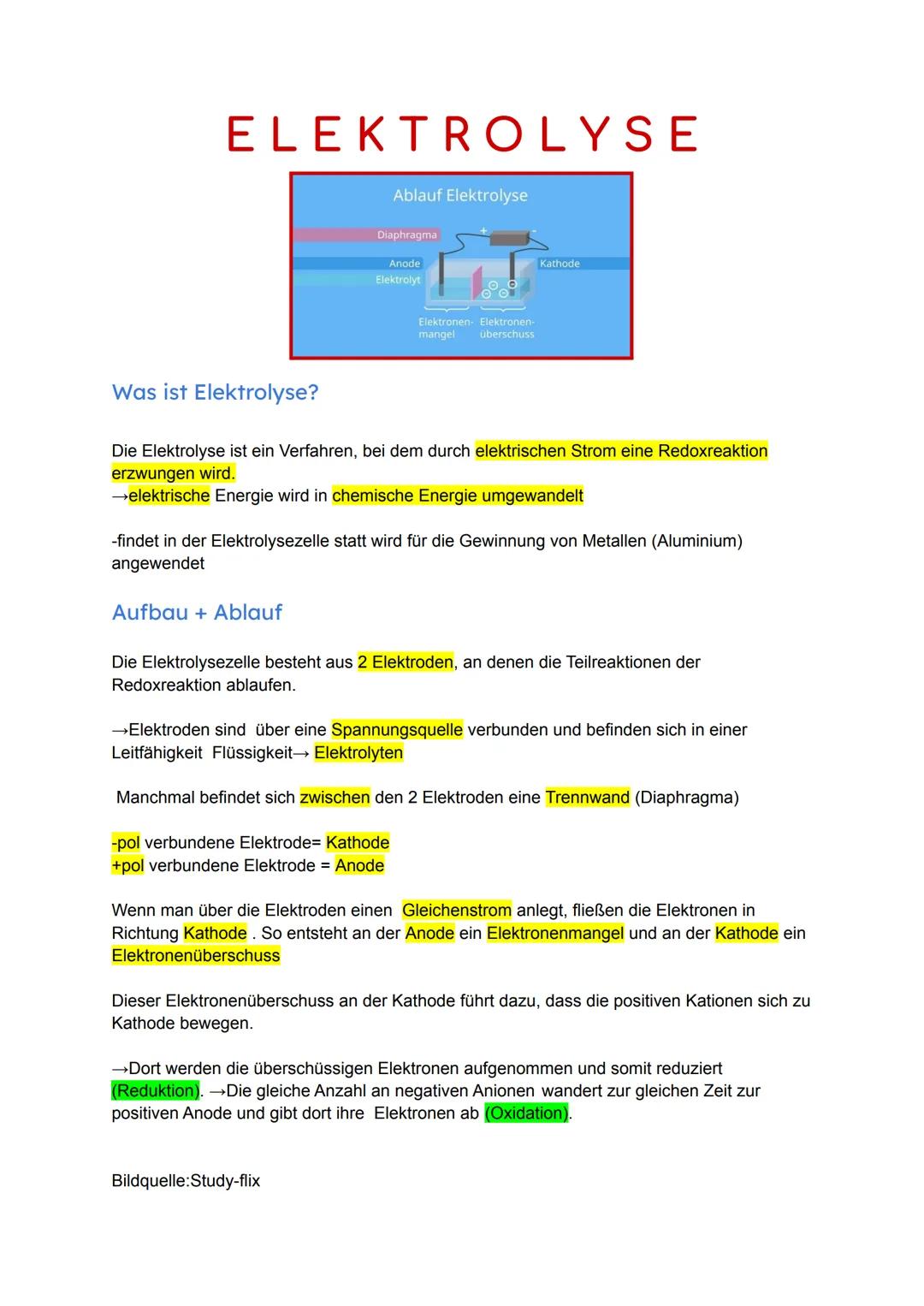 # ELEKTROLYSE

Ablauf Elektrolyse

Diaphragma

Anode
Elektrolyt

Elektronen Elektronen-
mangel überschuss

Kathode

Was ist Elektrolyse?

Di