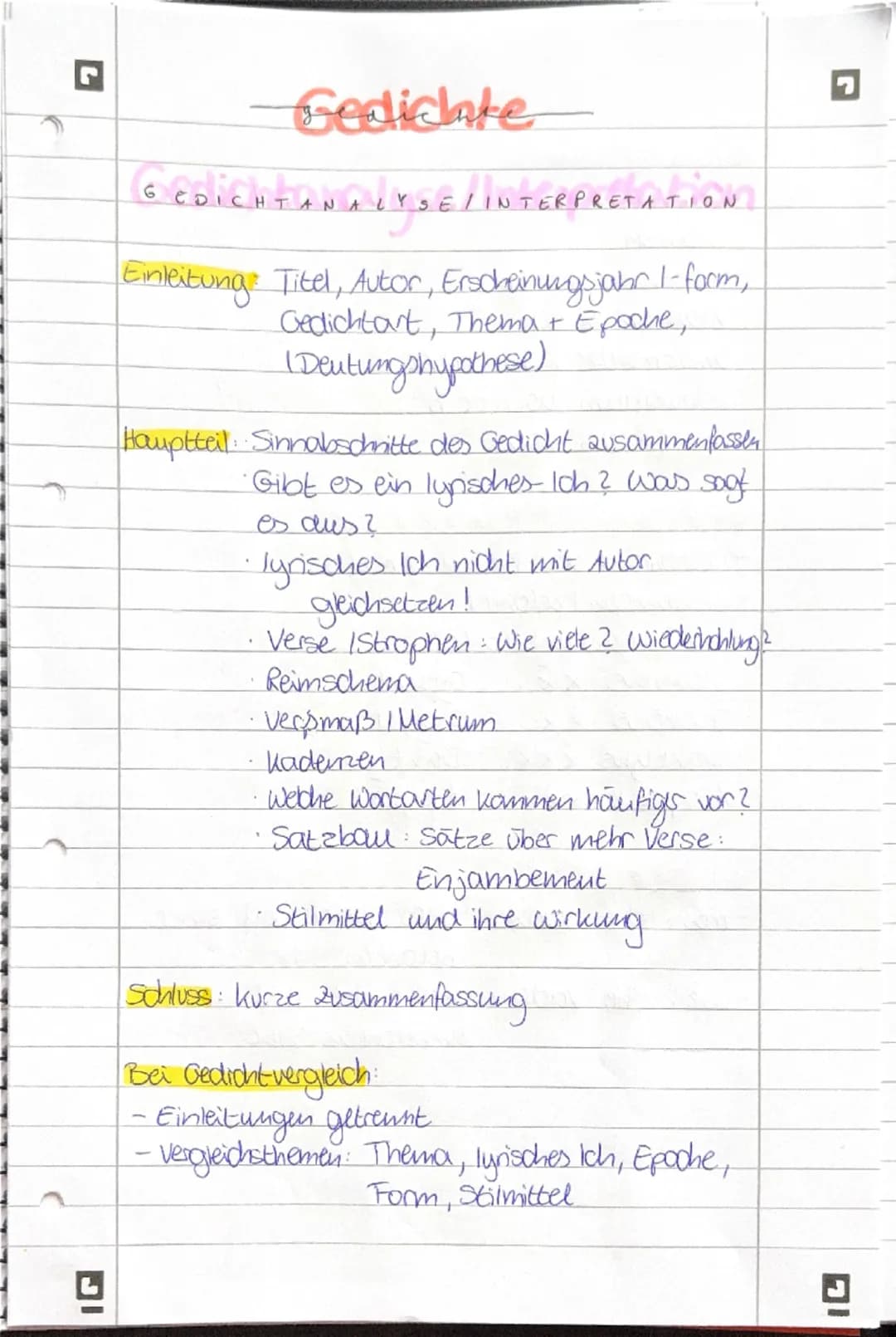--- OCR Start ---
Gedichte
GEDICHTANALYSE/INTERPRETATION
Einleitung: Titel, Autor, Erscheinungsjahr I-form,
Gedichtart, Thema + Epoche,
(Deu