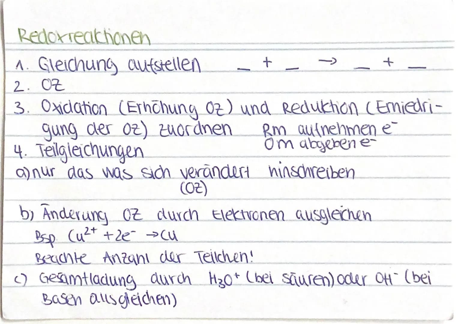 Redoxreaktionen.
1. Gleichung aufstellen.
2. OZ
+
+
3. Oxiclation (Erhöhung Oz) und Reduktion (Erniedri-
gung der oz) zuordnen.
Rm aufnehmen