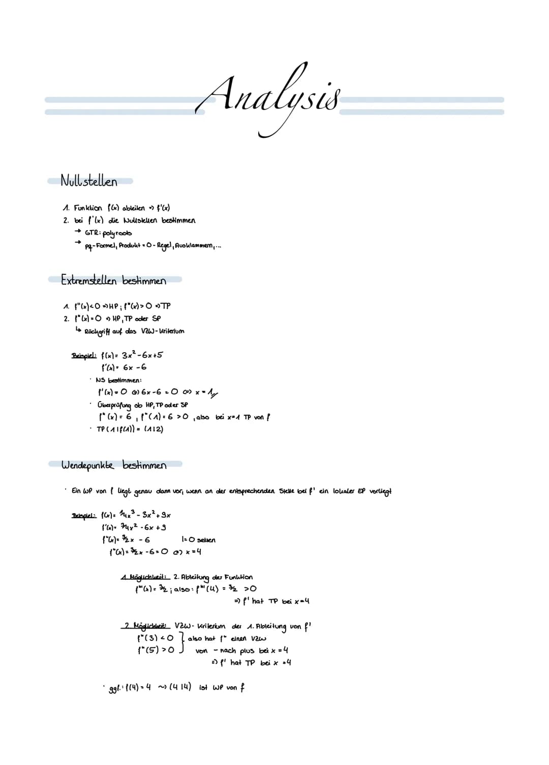 Nullstellen
1. Funktion f(x) ableilen = f'(x)
2. bei f'(x) die Nullstellen bestimmen
→ GTR: poly roots
Pq-Formel, Produkt = O-Regel, Ausklam