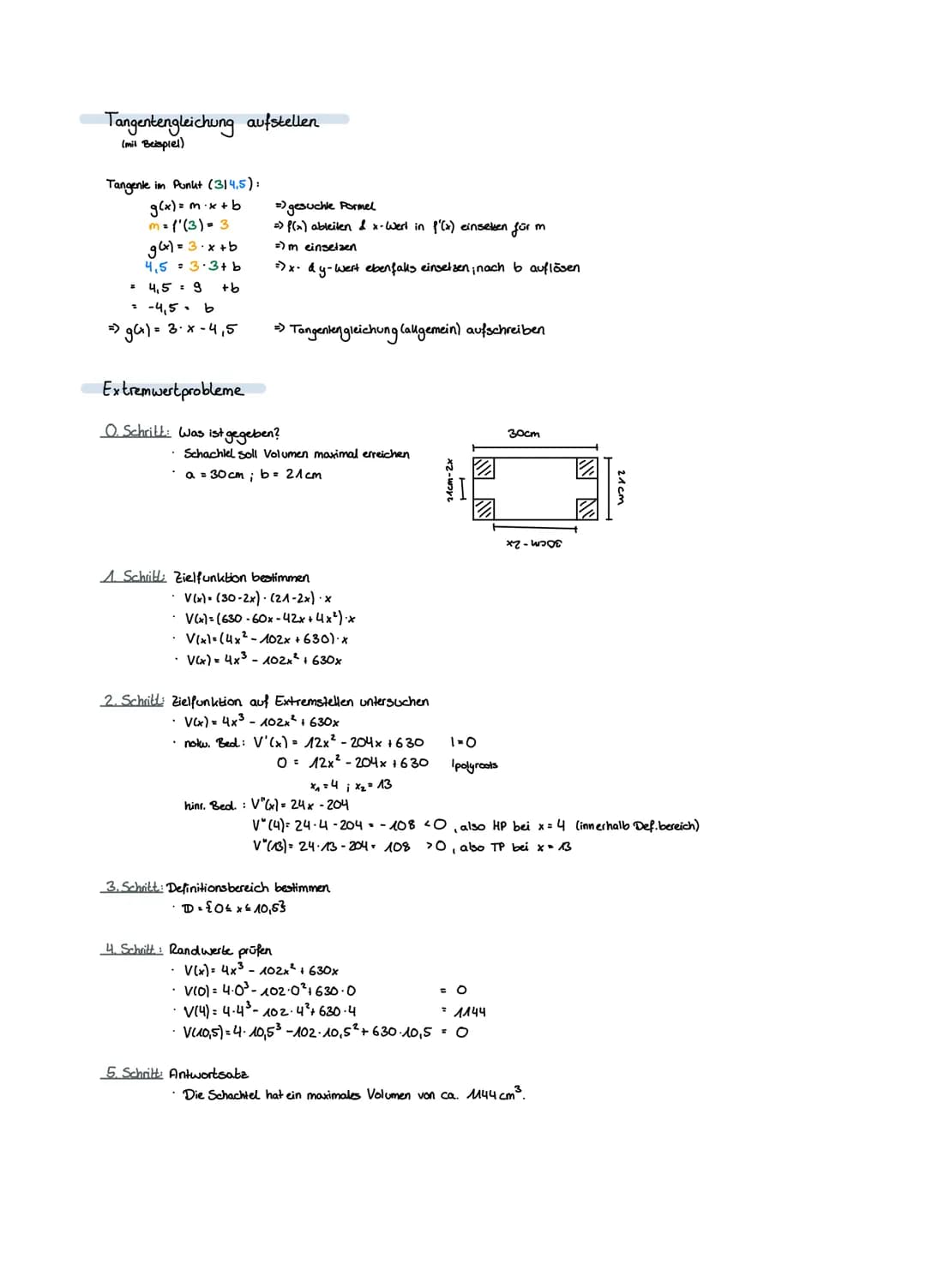 Nullstellen
1. Funktion f(x) ableilen = f'(x)
2. bei f'(x) die Nullstellen bestimmen
→ GTR: poly roots
Pq-Formel, Produkt = O-Regel, Ausklam