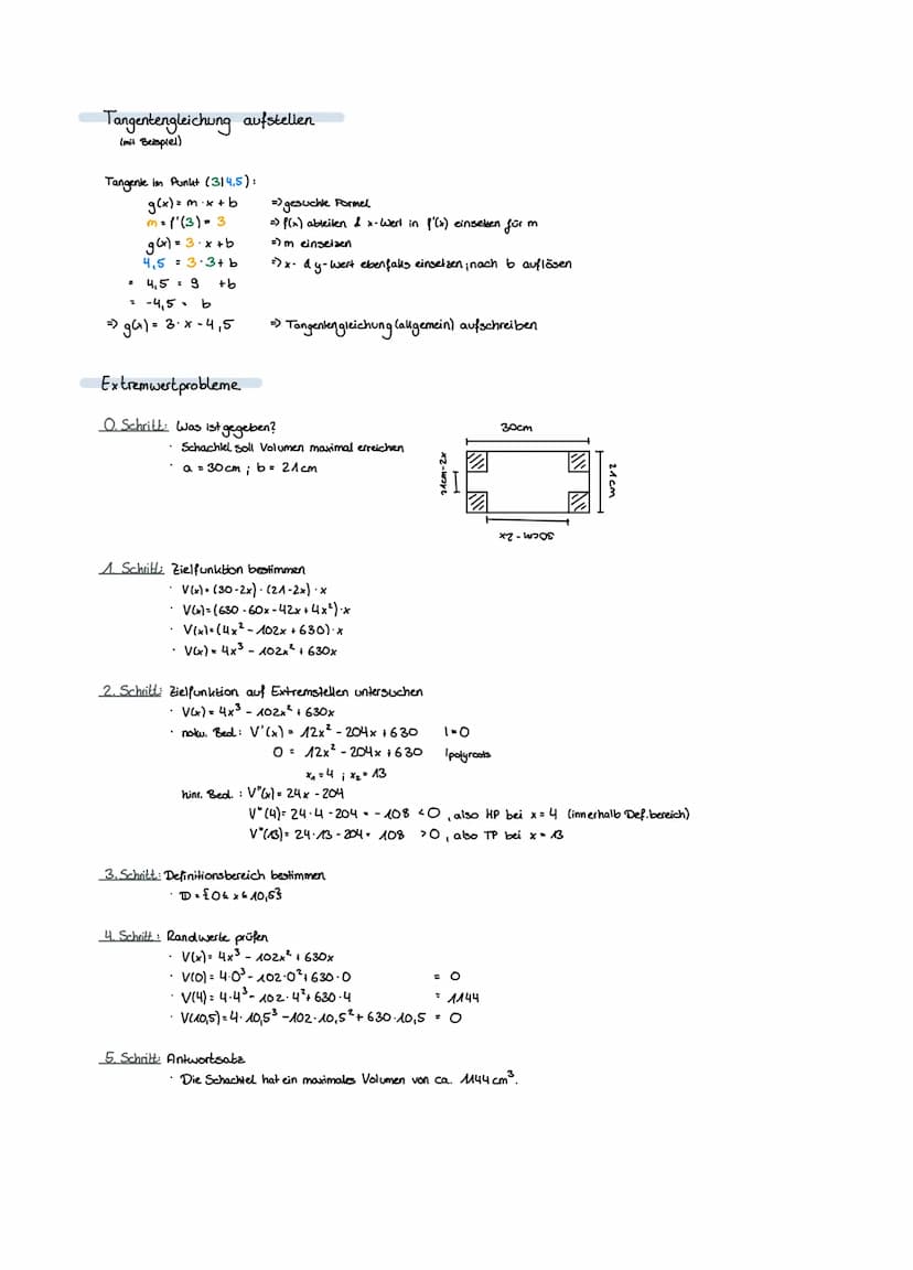 Nullstellen
1. Funktion f(x) ableilen = f'(x)
2. bei f'(x) die Nullstellen bestimmen
→ GTR: poly roots
Pq-Formel, Produkt = O-Regel, Ausklam