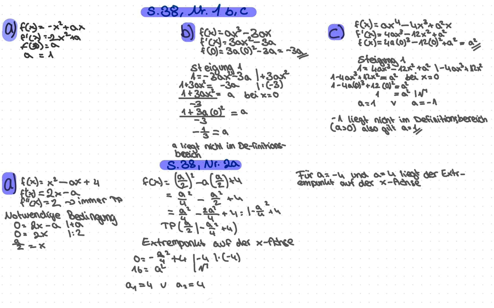 a) f(x) = -x ² + ax
f'(x)=2x²+a
F(8):9
a = 1
a f(x) = x ² −ox + 4
ftx=2x-a
f"(x) = 2 ~ immer
Notwendige Bedingung
Oz &x -& Ita
0= 2x
1:2
을
=