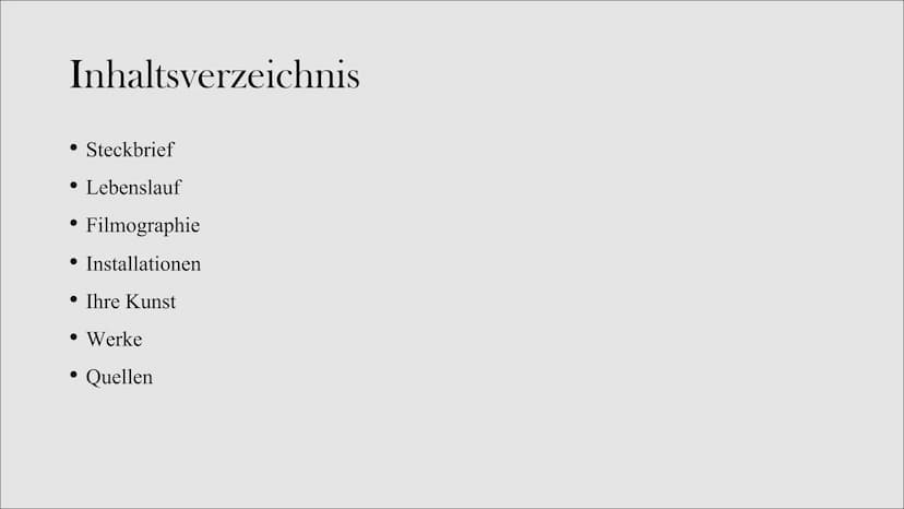 Rebecca Horn
Luca Speitmann Q₂ GR Inhaltsverzeichnis
● Steckbrief
• Lebenslauf
Filmographie
● Installationen
● Ihre Kunst
● Werke
●
Quellen 