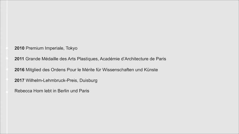 Rebecca Horn
Luca Speitmann Q₂ GR Inhaltsverzeichnis
● Steckbrief
• Lebenslauf
Filmographie
● Installationen
● Ihre Kunst
● Werke
●
Quellen 