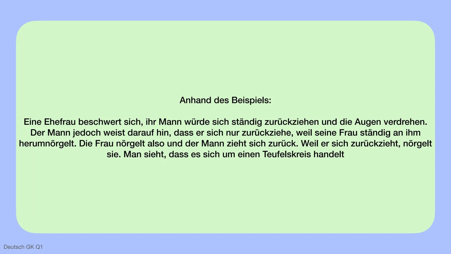 Die 5 Axiome - Paul Watzlawick
Deutsch GK Q1 Anhand des Beispiels:
Eine Ehefrau beschwert sich, ihr Mann würde sich ständig zurückziehen und