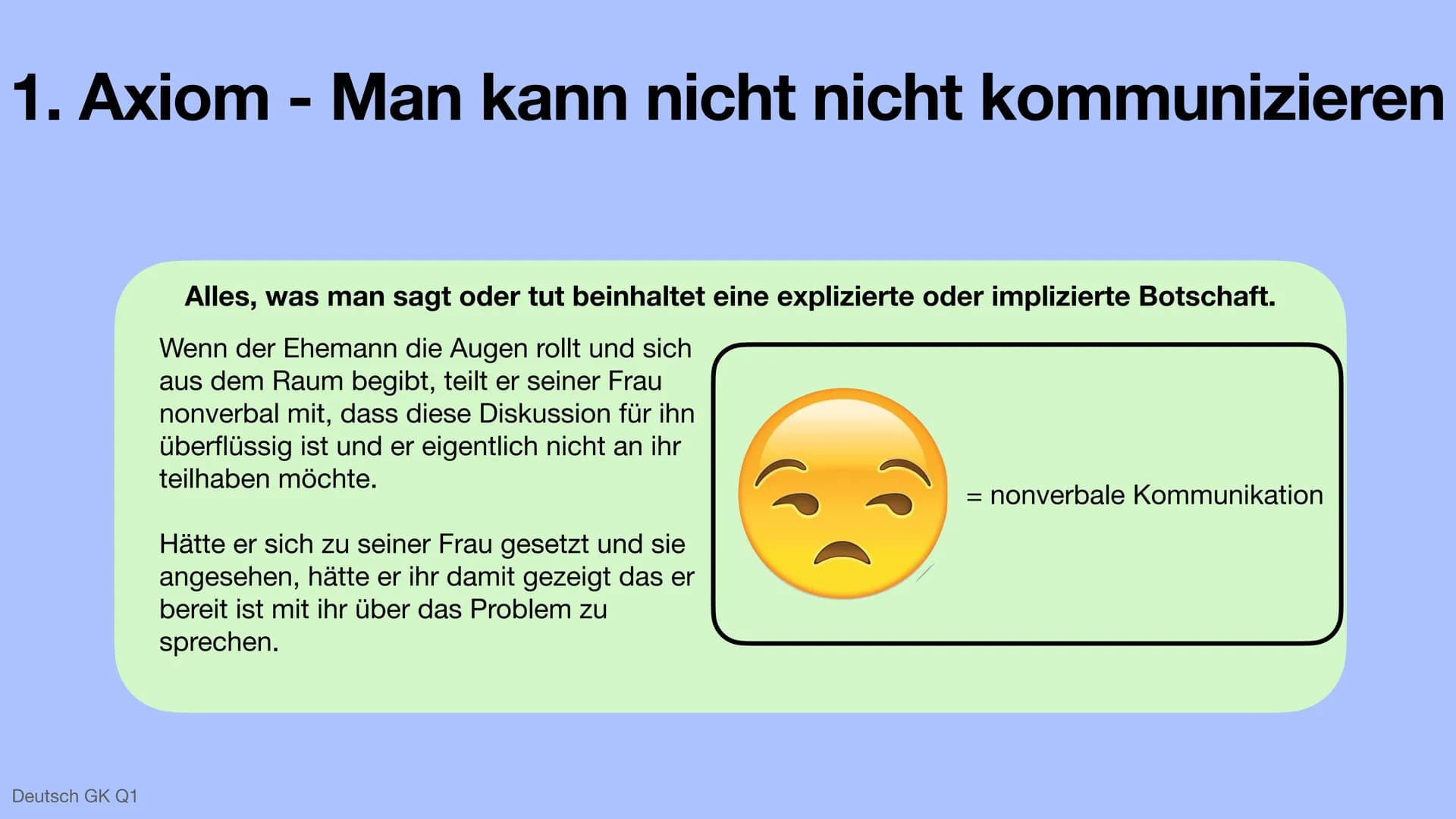 Die 5 Axiome - Paul Watzlawick
Deutsch GK Q1 Anhand des Beispiels:
Eine Ehefrau beschwert sich, ihr Mann würde sich ständig zurückziehen und