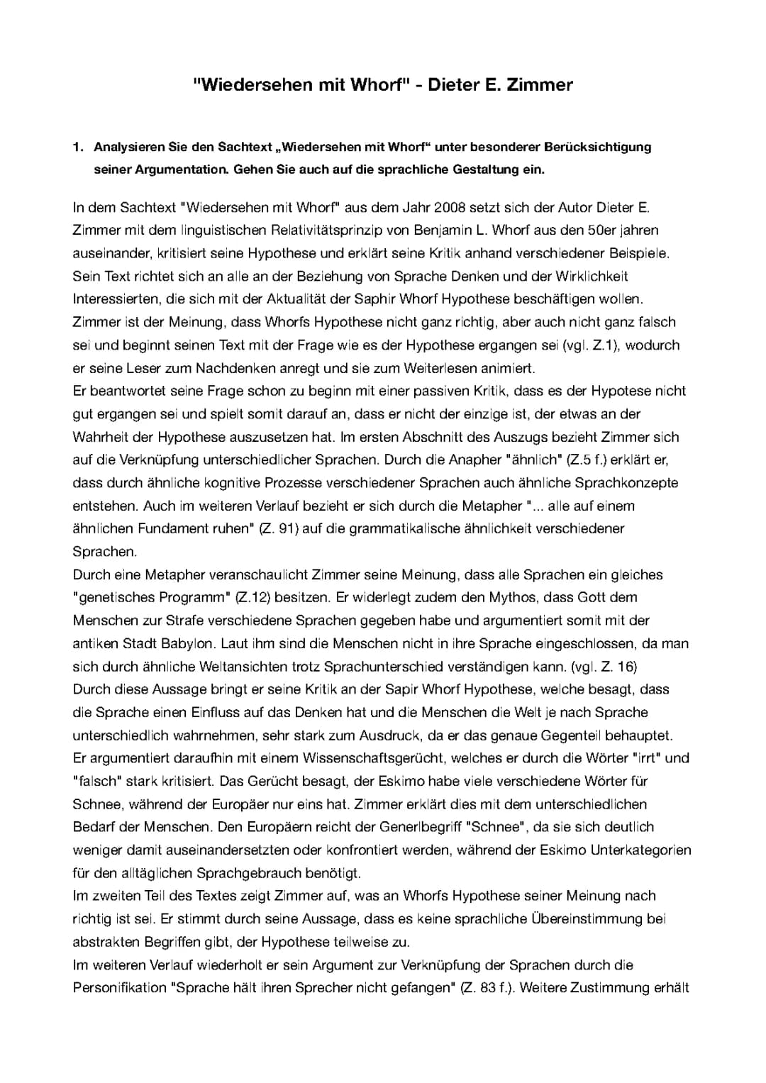 Wiedersehen mit Whorf Textanalyse - Dieter E Zimmer & Sapir-Whorf-Hypothese
