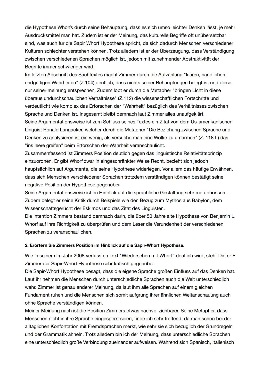 "Wiedersehen mit Whorf" - Dieter E. Zimmer
1. Analysieren Sie den Sachtext ,,Wiedersehen mit Whorf" unter besonderer Berücksichtigung
seiner