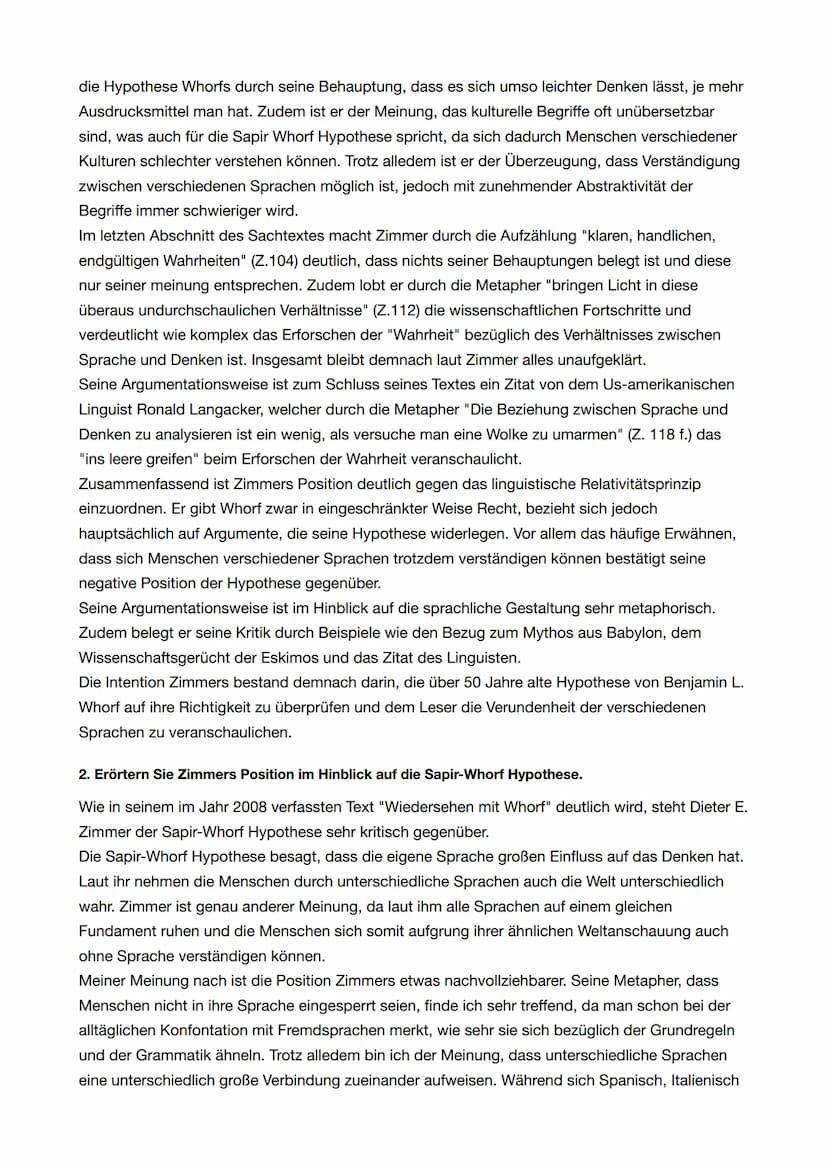 "Wiedersehen mit Whorf" - Dieter E. Zimmer
1. Analysieren Sie den Sachtext ,,Wiedersehen mit Whorf" unter besonderer Berücksichtigung
seiner