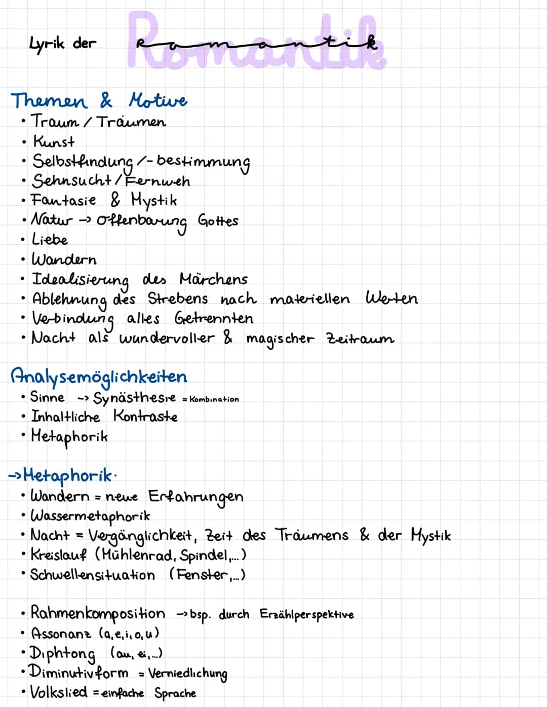 Lyrik der Romantil
Themen & Motive
• Traum / Traumen
Kunst
Selbstfindung/-bestimmung
●
• Sehnsucht/Fernweh
Fantasie & Mystik
• Natur->
●
●
·