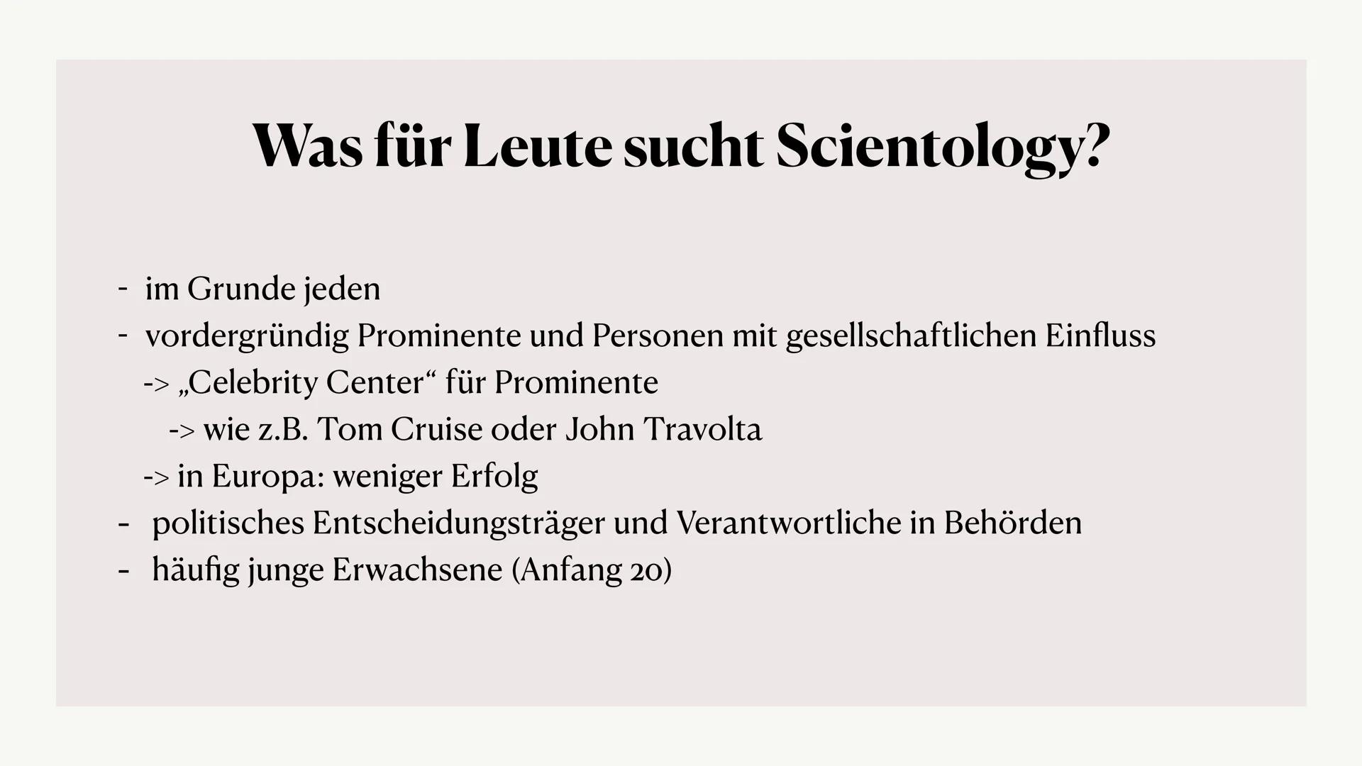 SCIENTOLOGY
90
Scientology
FFI
Lilly und Toni Inhalt
Allgemeine Informationen
Lehren
Geschichte
Scientology heute
Ziele
Eintritt
Personen in