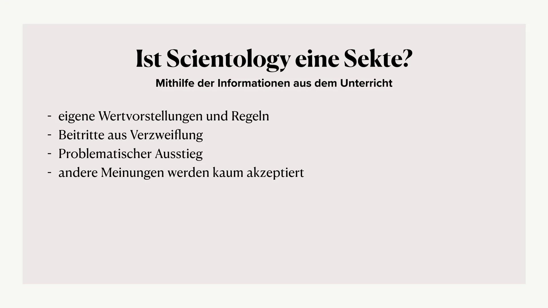 SCIENTOLOGY
90
Scientology
FFI
Lilly und Toni Inhalt
Allgemeine Informationen
Lehren
Geschichte
Scientology heute
Ziele
Eintritt
Personen in