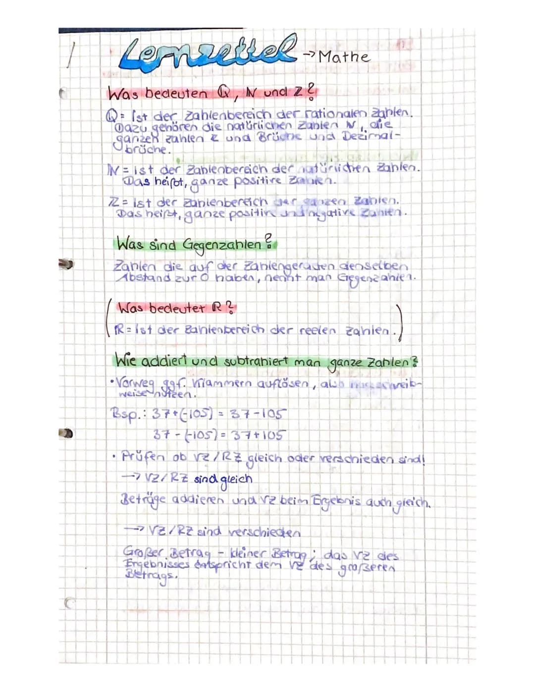 Lernzettel Mathe
Was bedeuten, I und Z?
Q=1st der Zahlenbereich der rationalen Zahlen.
Dazu gehören die natürlichen Zabien , die
Zahlen & un