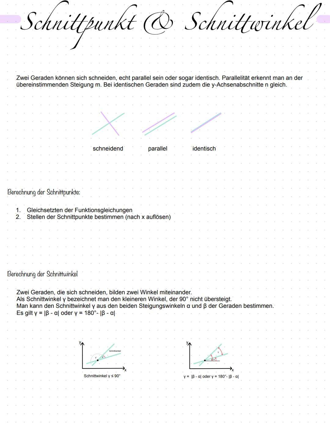 Schnittpunkt & Schnittwinkel
Zwei Geraden können sich schneiden, echt parallel sein oder sogar identisch. Parallelität erkennt man an der
üb