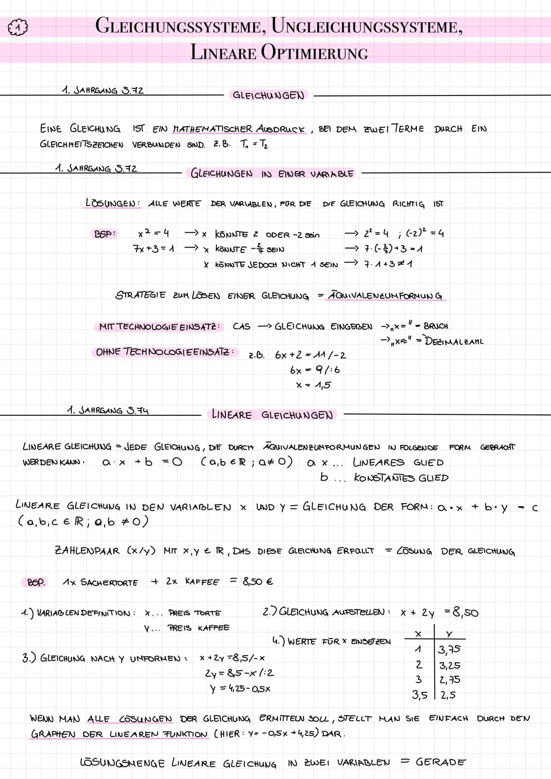 {=}
GLEICHUNGSSYSTEME, UNGLEICHUNGSSYSTEME,
1. JAHRGANG S.72
EINE GLEICHUNG IST EIN MATHEMATISCHER AUSDRUCK, BEI DEM ZWEI TERME DURCH EIN
GL