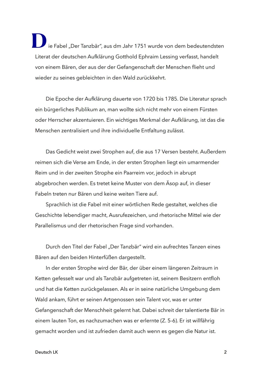 Die Fabel, Der Tanzbár", aus dm Jahr 1751 wurde von dem bedeutendsten
Literat der deutschen Aufklärung Gotthold Ephraim Lessing verfasst, ha
