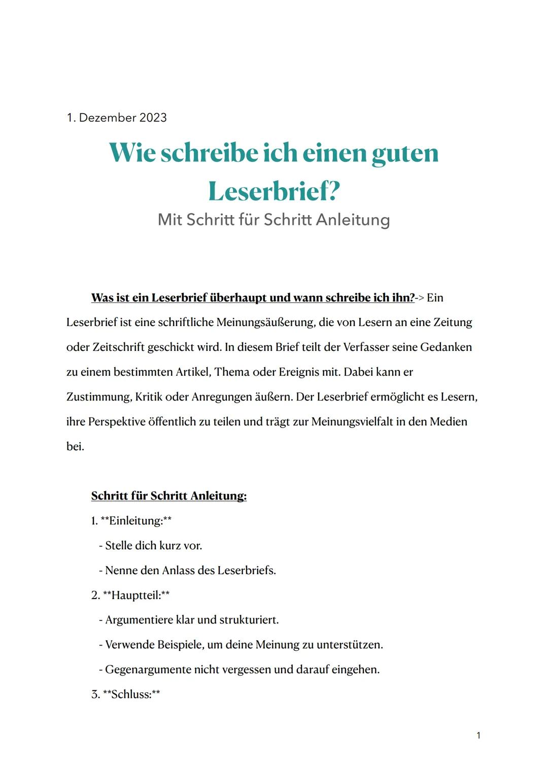 1. Dezember 2023

# Wie schreibe ich einen guten
Leserbrief?
Mit Schritt für Schritt Anleitung

Was ist ein Leserbrief überhaupt und wann sc