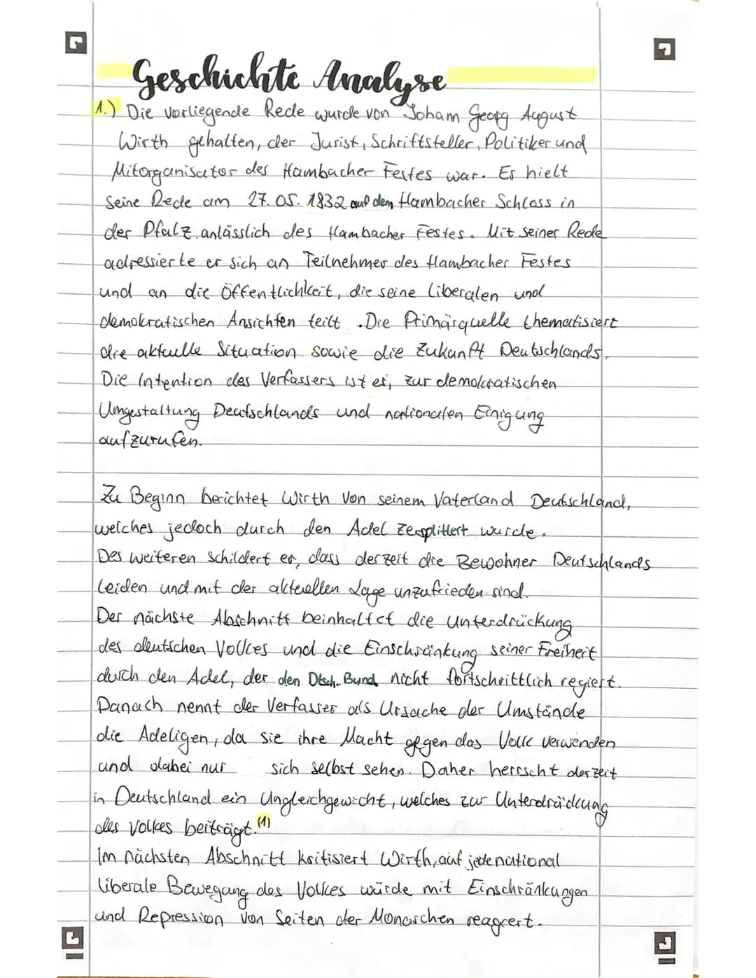 7
Geschichte Analyse
1.) Die vorliegende Rede wurde von Soham Georg August
Wirth gehalten, der Jurist, Schriftsteller, Politiker und
Mitorga