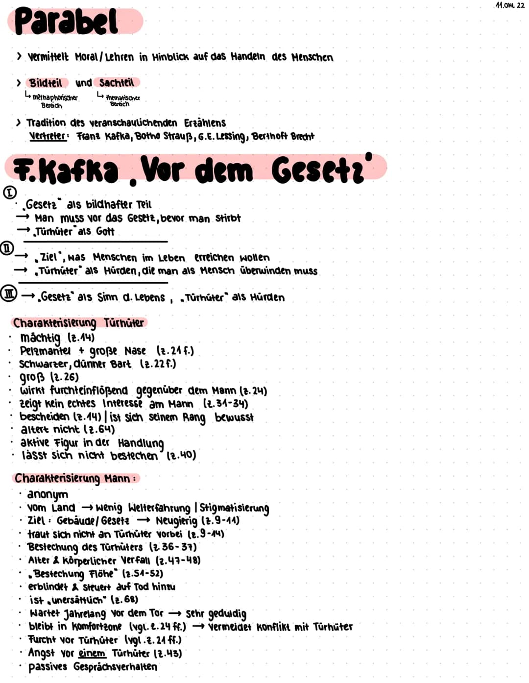 Parabel
> Vermittelt Moral/Lehren in Hinblick auf das Handeln des Menschen
> Bildteil und Sachteil
L
methaphorischer ↳ thematischer
Bereich
