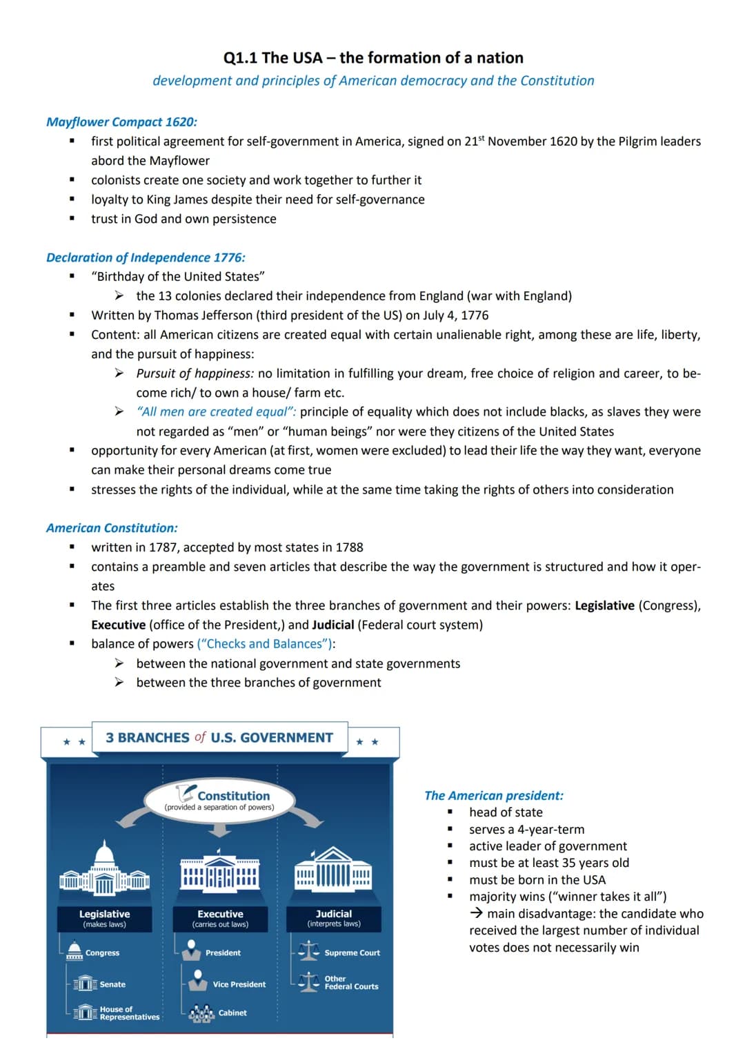 Themenfelder:
Q1.1 The USA - the formation of a nation
development and principles of American democracy and the Constitution
landmarks of Am