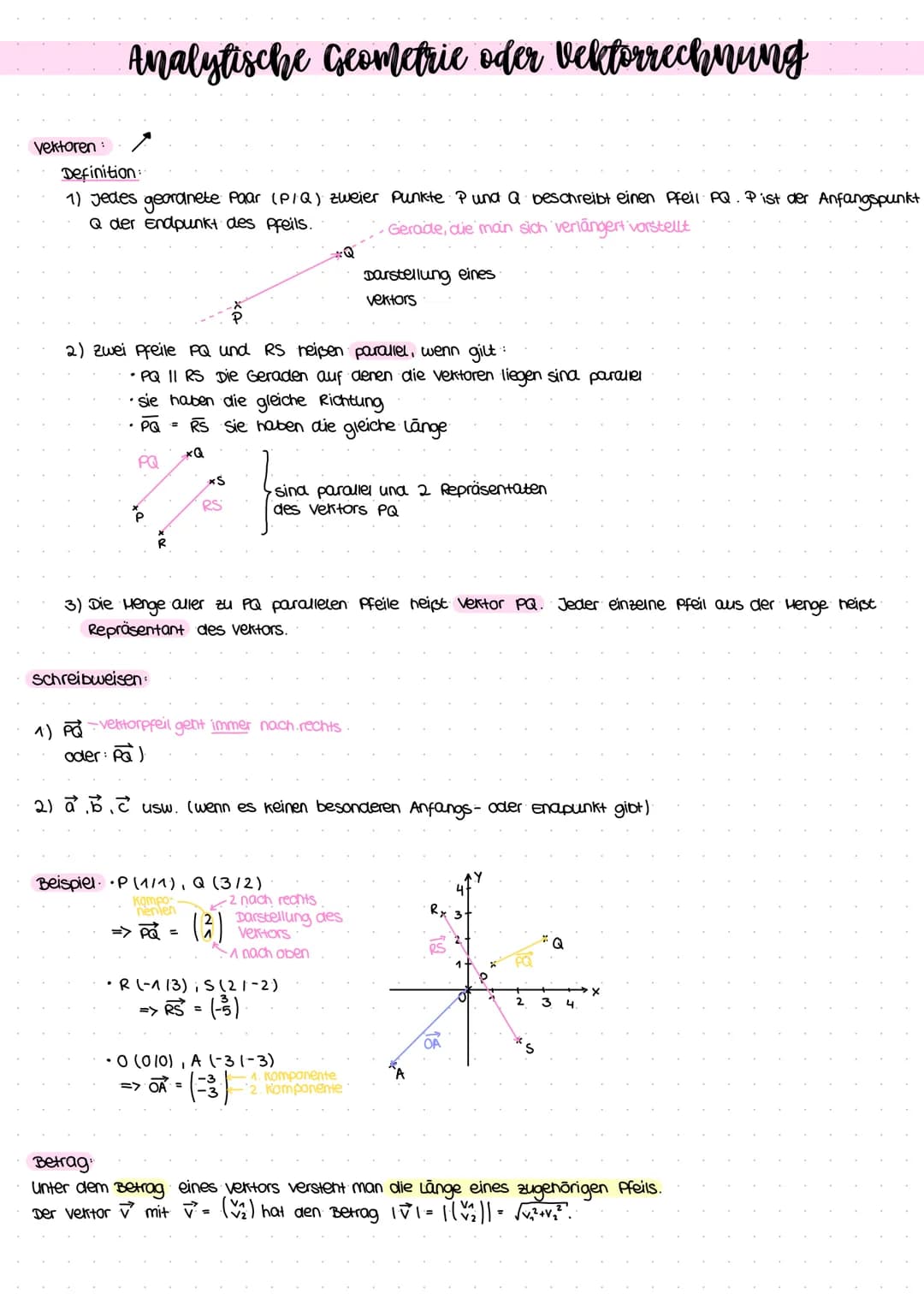 Vektoren:
Analytische Geometrie oder vektorrechnung
Definition:
1) Jedes geordnete Paar (PIQ) zweier Punkte P und Q beschreibt einen Pfeil P