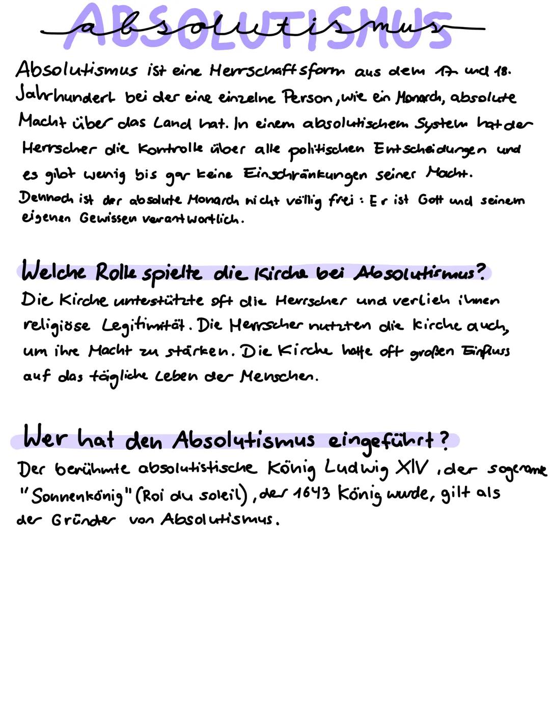 absoutismus
Absolutismus ist eine Herrschaftsform aus dem 17. und 18.
Jahrhundert bei der eine einzelne Person, wie ein Monarch, absolute
Ma