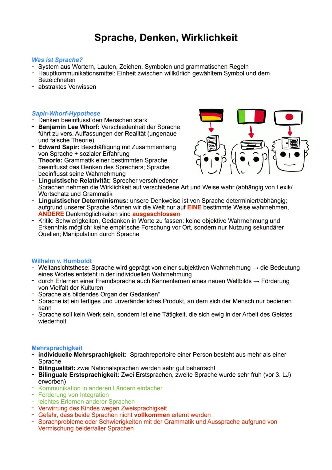 Sprache, Denken, Wirklichkeit
Was ist Sprache?
- System aus Wörtern, Lauten, Zeichen, Symbolen und grammatischen Regeln
Hauptkommunikationsm