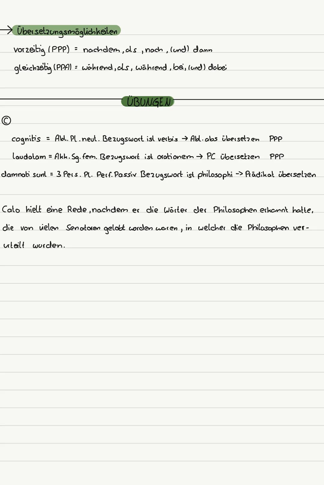 Grammatik Partizipien
Nom.
Gen
Dol.
Akk.
Abl.
↳
Partizip Perfekt Passiv (PPP) = Partizip der Vorzeitigkeit
Portizip Prösens Aktiv (PPA) = Pa