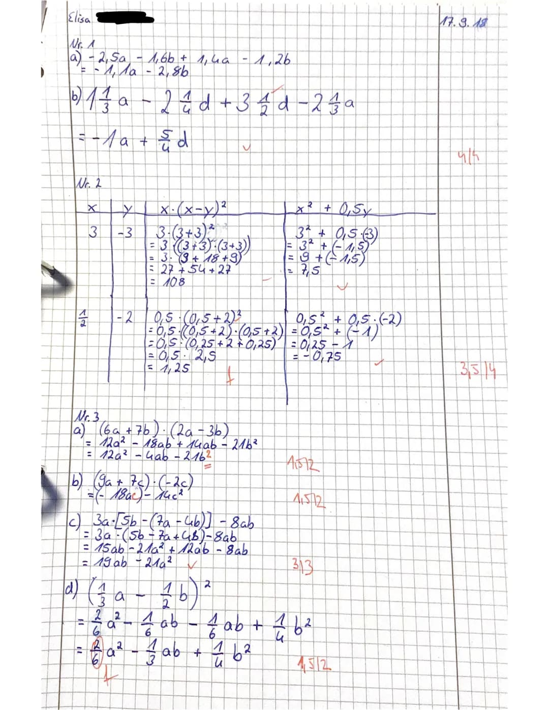 Name:
Elisa
Mathematik 8
x
Aufgabe 1: Reproduktion
Fasse zusammen.
3
NIT
1. Mathematikarbeit
Termumformungen und
einfache Gleichungen
y
-3
N