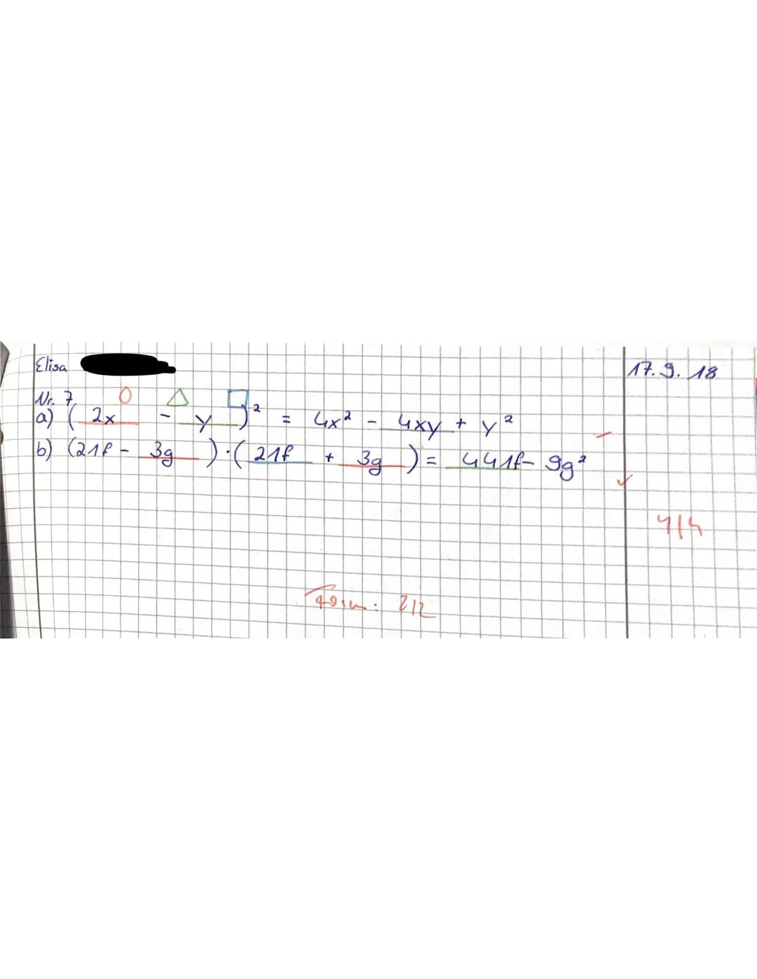 Name:
Elisa
Mathematik 8
x
Aufgabe 1: Reproduktion
Fasse zusammen.
3
NIT
1. Mathematikarbeit
Termumformungen und
einfache Gleichungen
y
-3
N