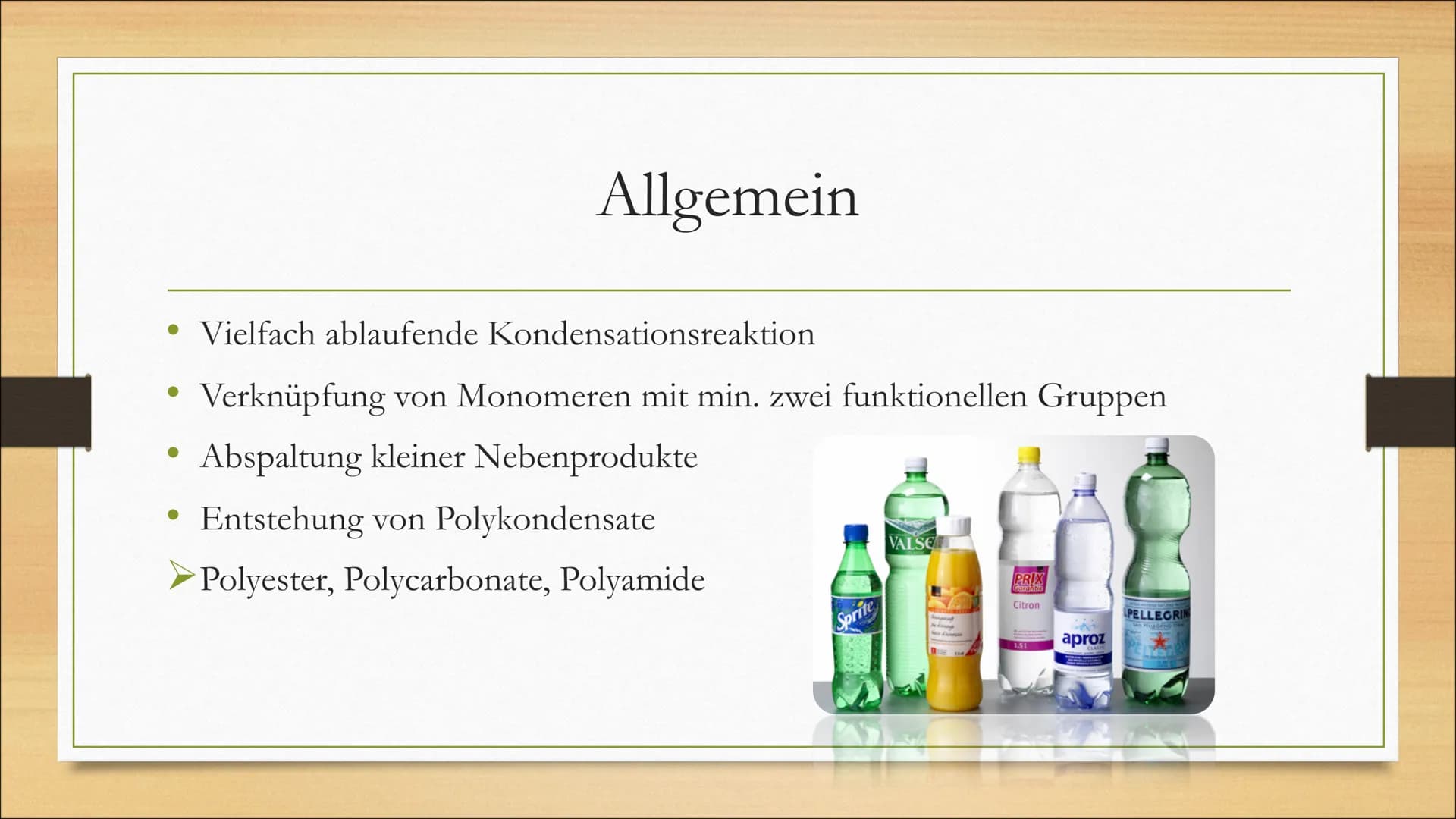 Polykondensation
Von Jessy, Jolina und Leandra ●
Allgemein
Monomere
Inhaltsverzeichnis
Wichtige Polykondensate:
➤Polyester
➤Polycarbonate
Po