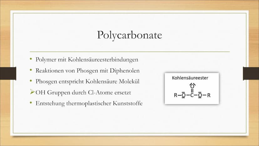 Polykondensation
Von Jessy, Jolina und Leandra ●
Allgemein
Monomere
Inhaltsverzeichnis
Wichtige Polykondensate:
➤Polyester
➤Polycarbonate
Po