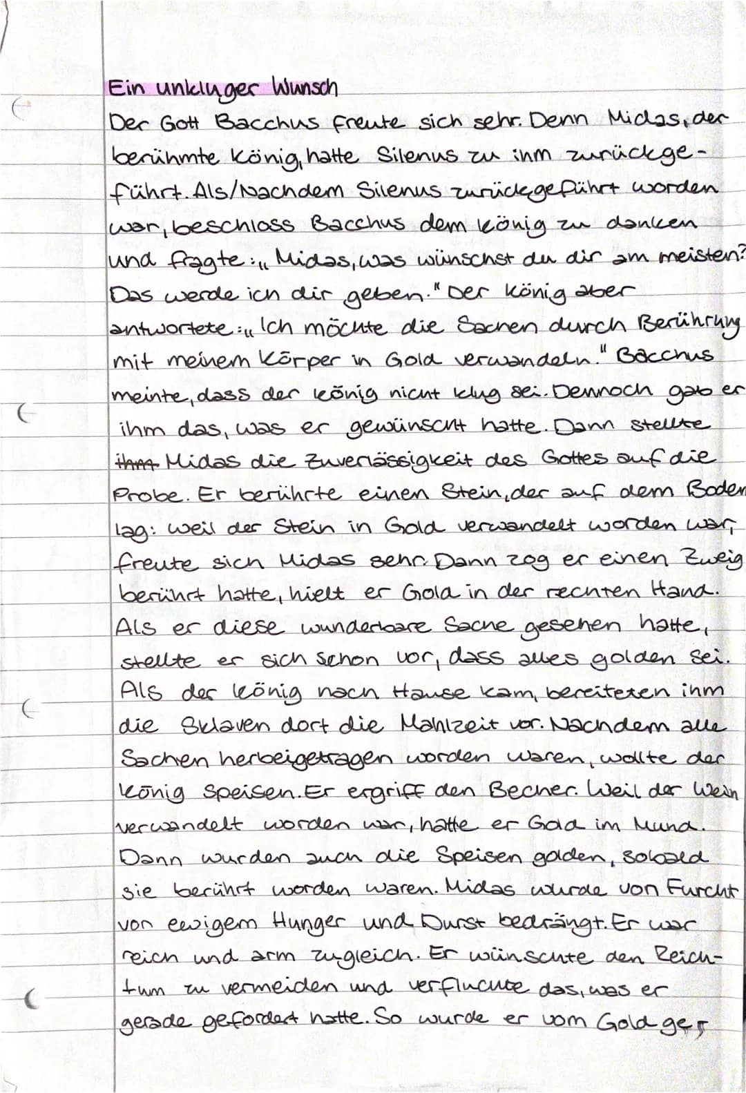 (
(
Ein unkluger Wunsch
Der Gott Bacchus freute sich sehr. Denn Midas, dec
berühmte König, hatte Silenus zu ihm zurückge-
führt. Als/Nachdem