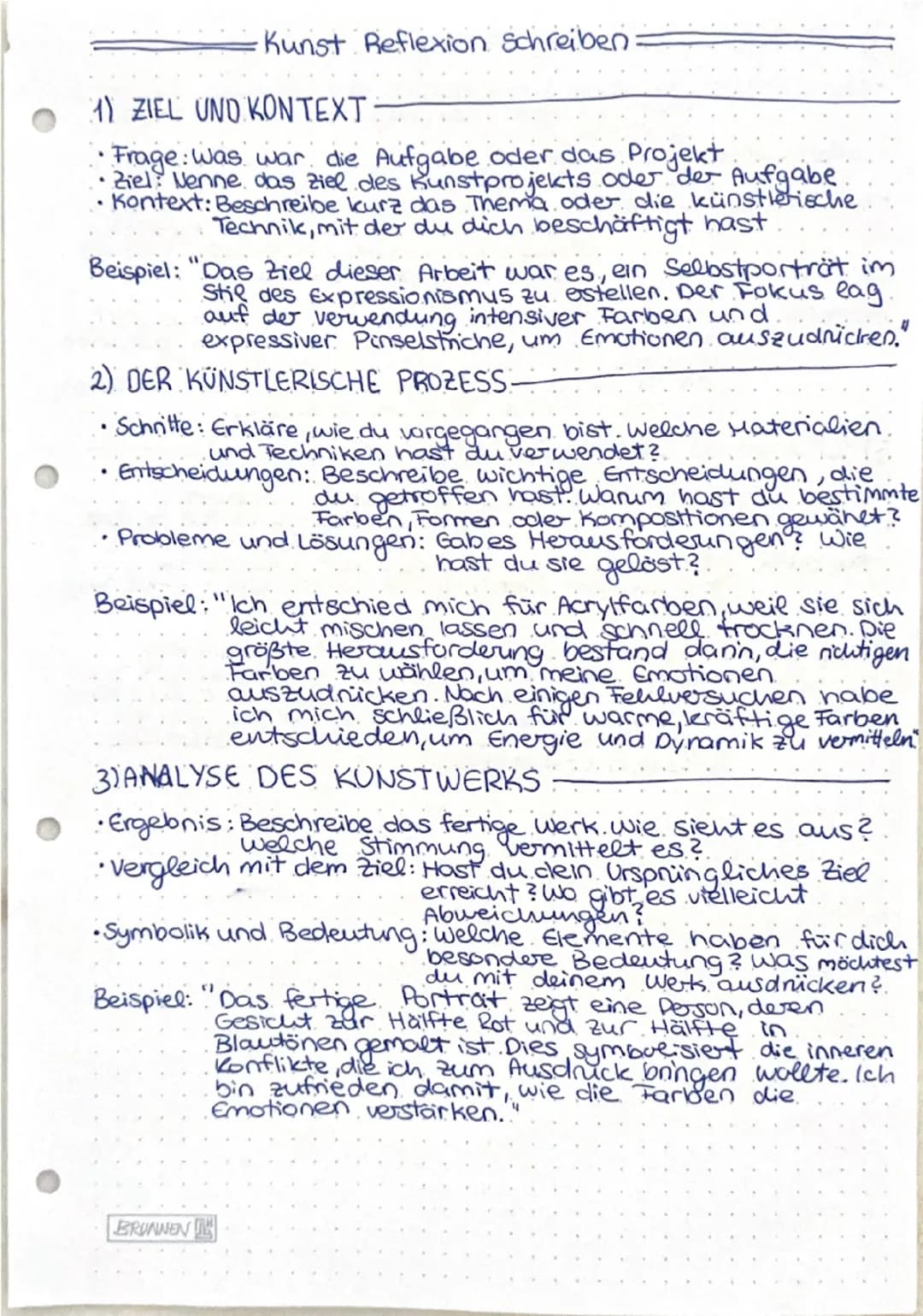 Kunst Reflexion schreiben
1) ZIEL UND KONTEXT
Frage: Was war die Aufgabe oder das Projekt.
Ziel: Nenne das Ziel des Kunstprojekts oder der A