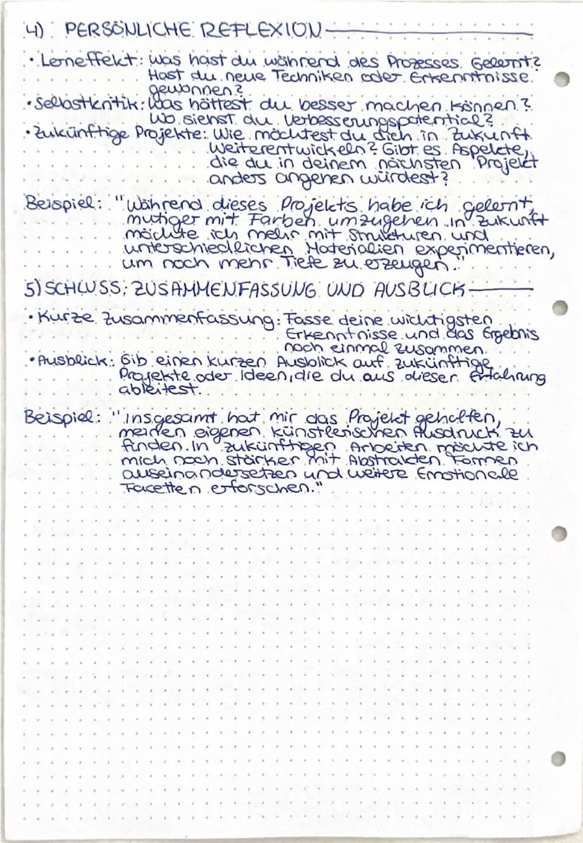 Kunst Reflexion schreiben
1) ZIEL UND KONTEXT
Frage: Was war die Aufgabe oder das Projekt.
Ziel: Nenne das Ziel des Kunstprojekts oder der A