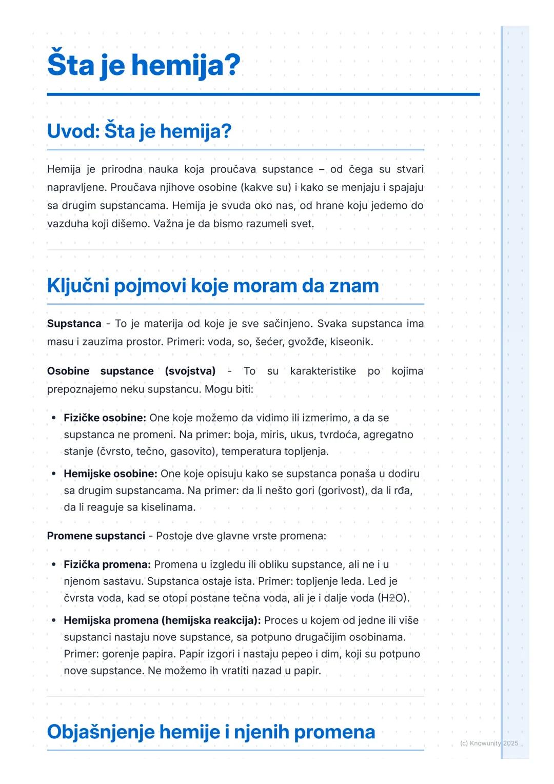 # Šta je hemija?

Uvod: Šta je hemija?

Hemija je prirodna nauka koja proučava supstance - od čega su stvari
napravljene. Proučava njihove o