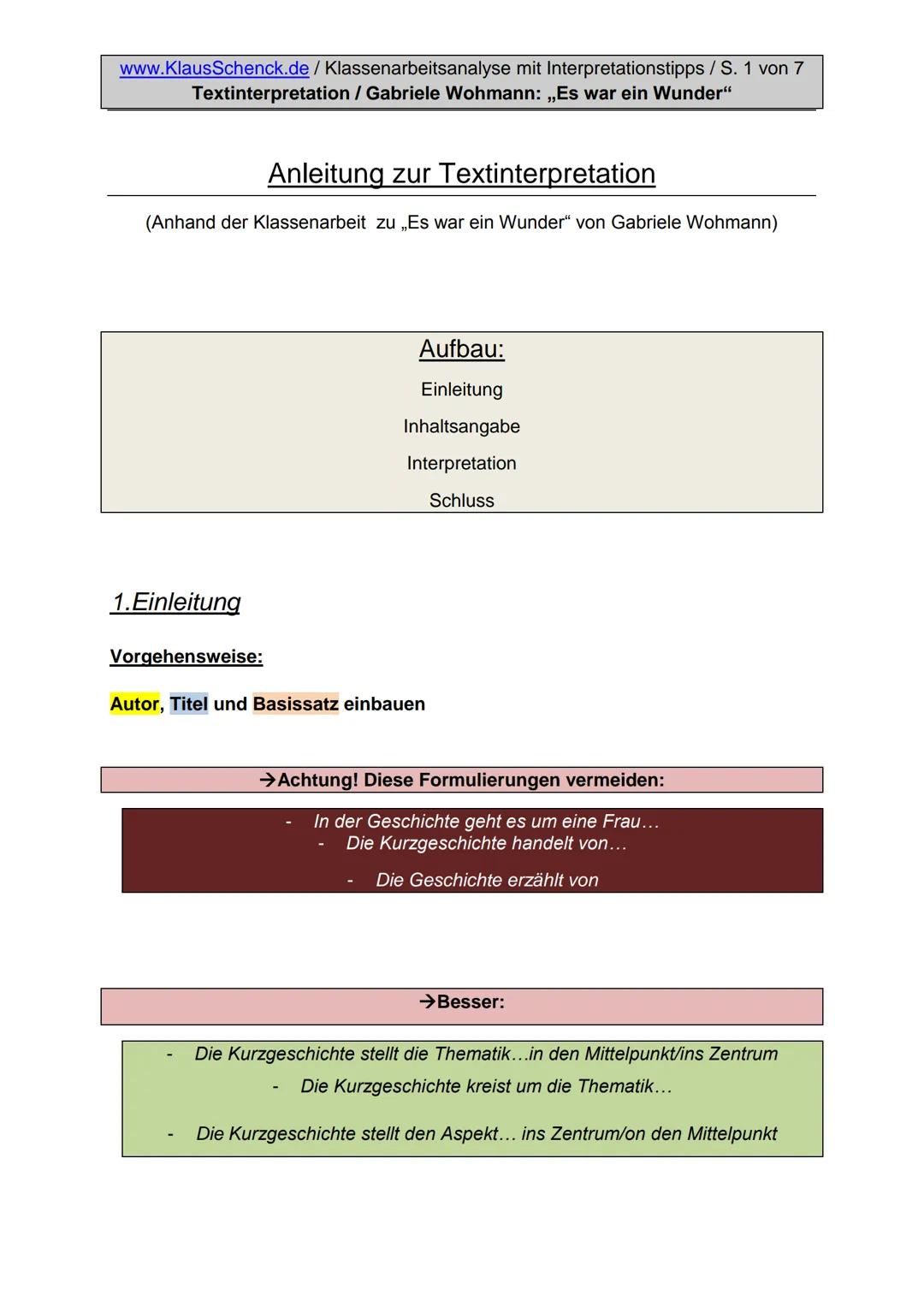 www.KlausSchenck.de / Deutsch-Abi-Training: Textinterpretation / S. 1
Textinterpretation / Prosa (Aufgabe II)
Hm, Textinterpretation, mal ga