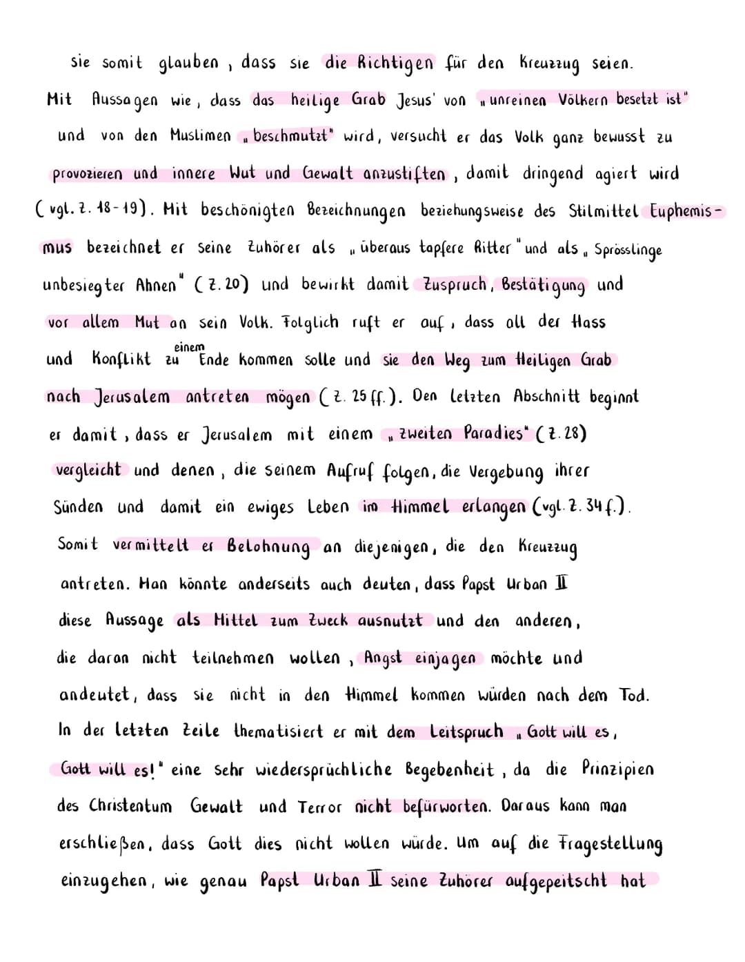 Analyse der Rede von Papst Urban II (Aufruf zum Kreuzzug)
Bei der vorliegenden Quelle aus dem Jahre 1107 handelt es sich
um einen Augenzeuge