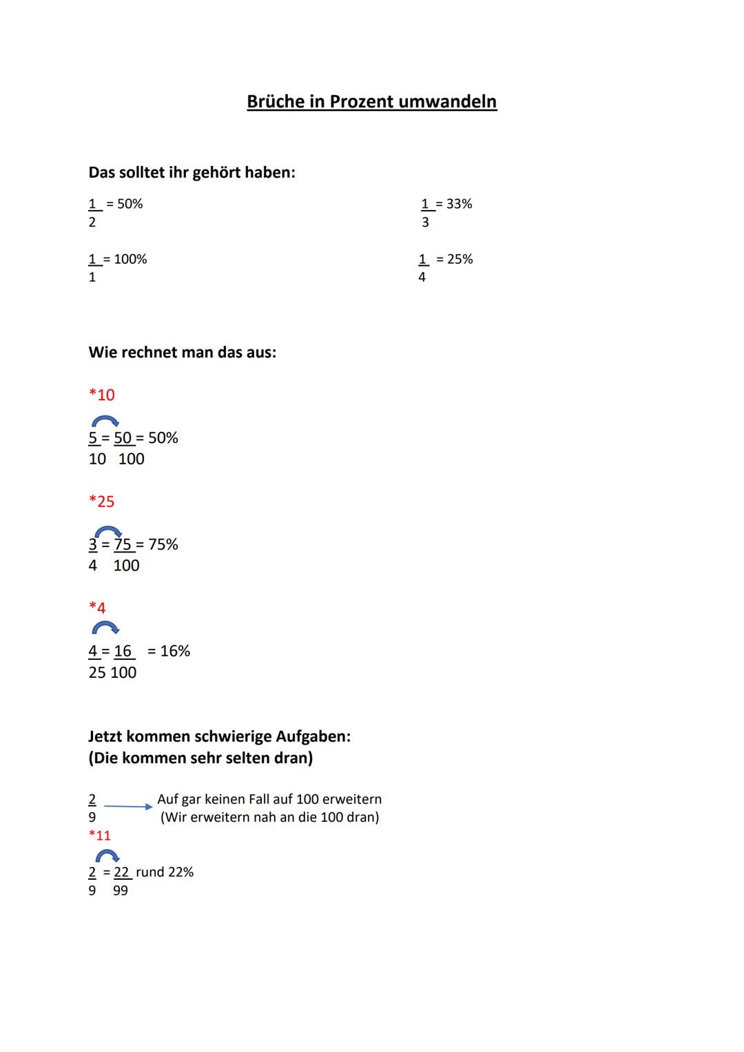 Das solltet ihr gehört haben:
1 = 50%
2
1 = 100%
1
Wie rechnet man das aus:
*10
5 = 50 = 50%
10 100
*25
3=75= 75%
4 100
4
4 = 16 = 16%
25 10