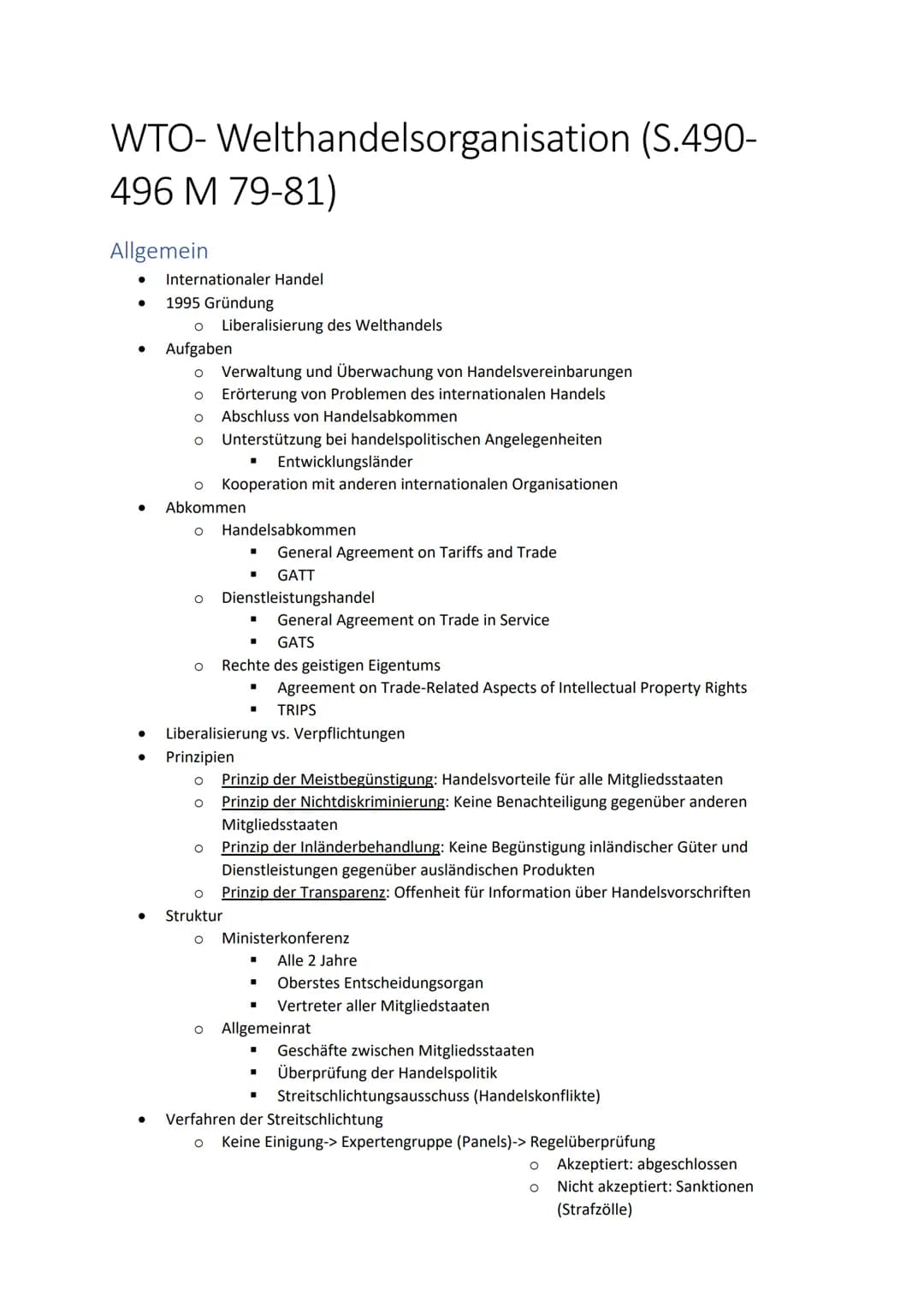 WTO-Welthandelsorganisation (S.490-
496 M 79-81)
Allgemein
●
●
●
●
●
●
Internationaler Handel
1995 Gründung
O Liberalisierung des Welthandel