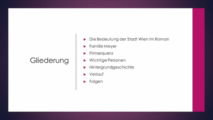 UHREN P. LADST
5
Anschluss Österreich
S
A Gliederung
▸ Die Bedeutung der Stadt Wien im Roman
► Familie Meyer
Filmsequenz
► Wichtige Personen