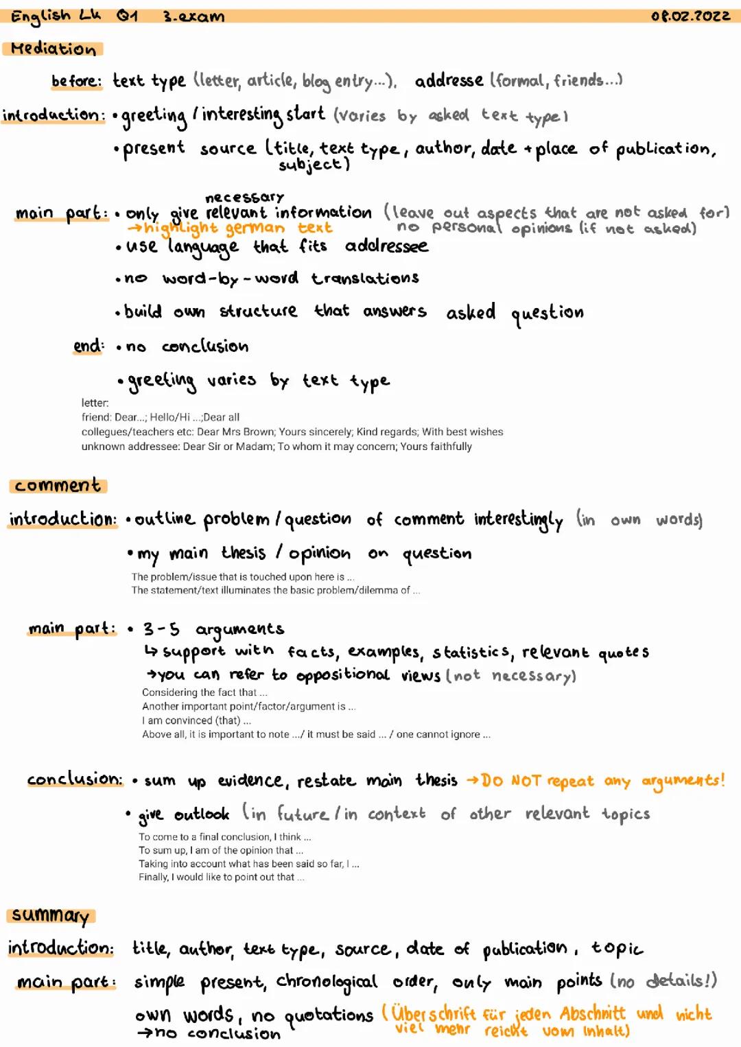 speech analysis, summary, comment, mediation Lernzettel 