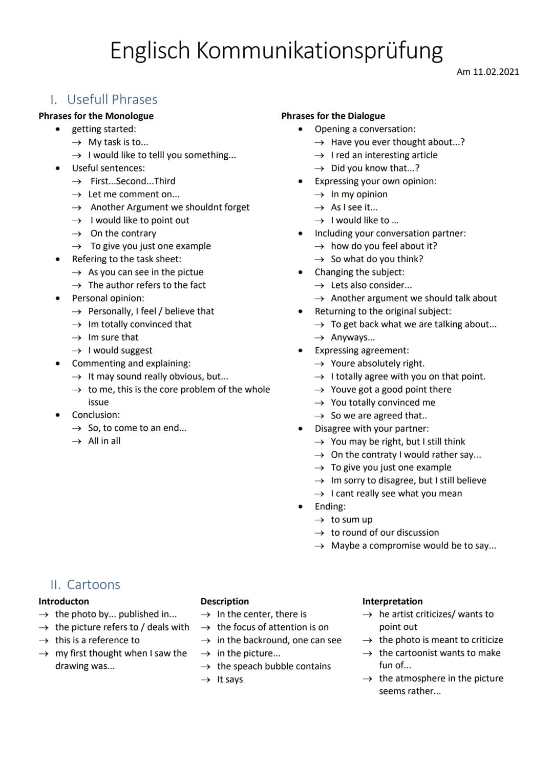 Englisch Kommunikationsprüfung
I. Usefull Phrases
Phrases for the Monologue
● getting started:
→ My task is to...
→ I would like to telll yo