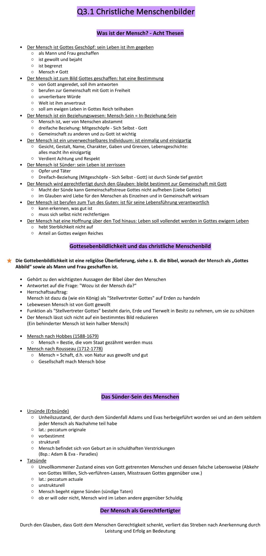 ●
●
●
●
Q3.1 Christliche Menschenbilder
Was ist der Mensch? - Acht Thesen
●
Der Mensch ist Gottes Geschöpf: sein Leben ist ihm gegeben
O
als