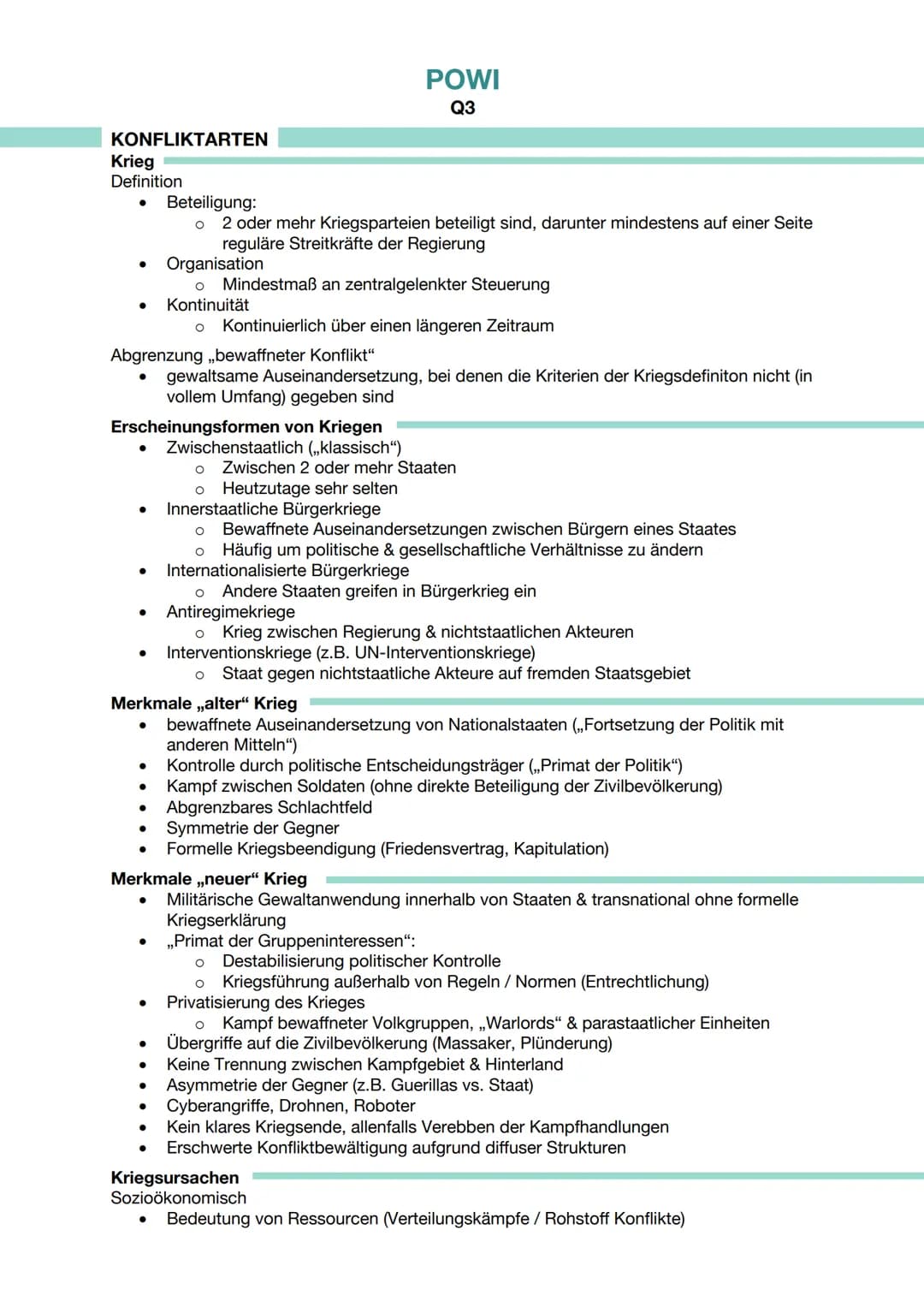 KONFLIKTARTEN
Krieg
Definition
●
●
●
Abgrenzung ,,bewaffneter Konflikt"
gewaltsame Auseinandersetzung, bei denen die Kriterien der Kriegsdef